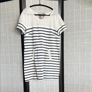 Anthropology White and navy Striped mini Dress with Eyelet Detail
